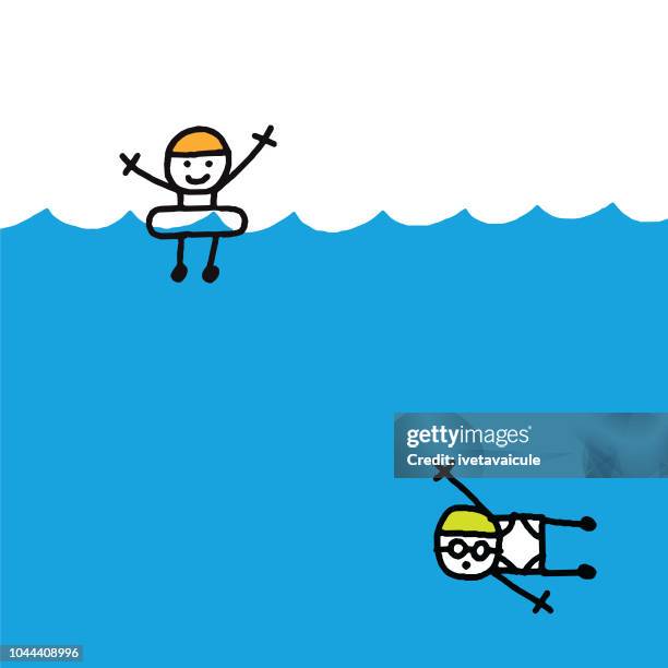 illustrazioni stock, clip art, cartoni animati e icone di tendenza di nuotatore e subacqueo - salvagente
