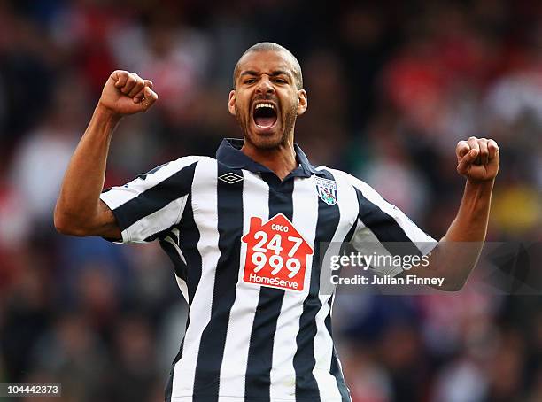 Steven Reid of West Bromwich Albion celebrates victory after the Barclays Premier League match between Arsenal and West Bromwich Albion at the...