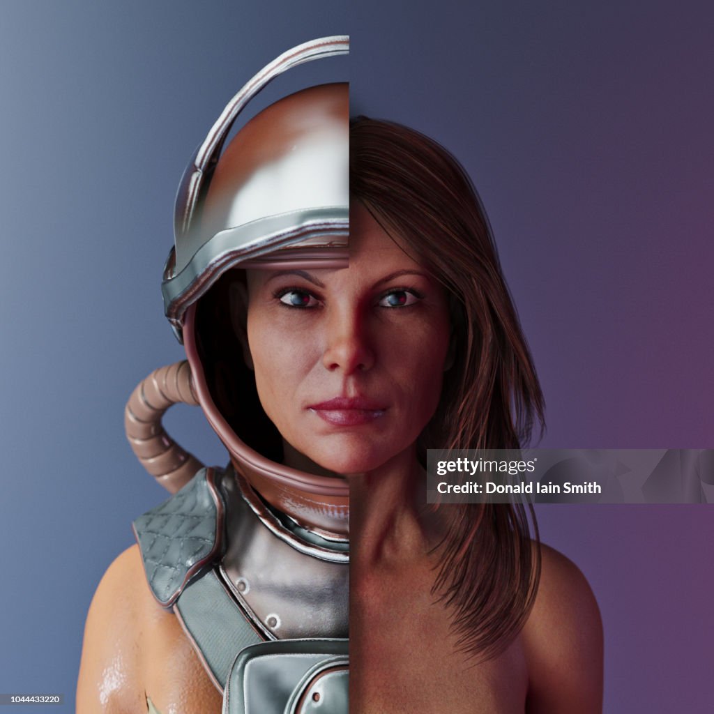 Woman with cut away space suit
