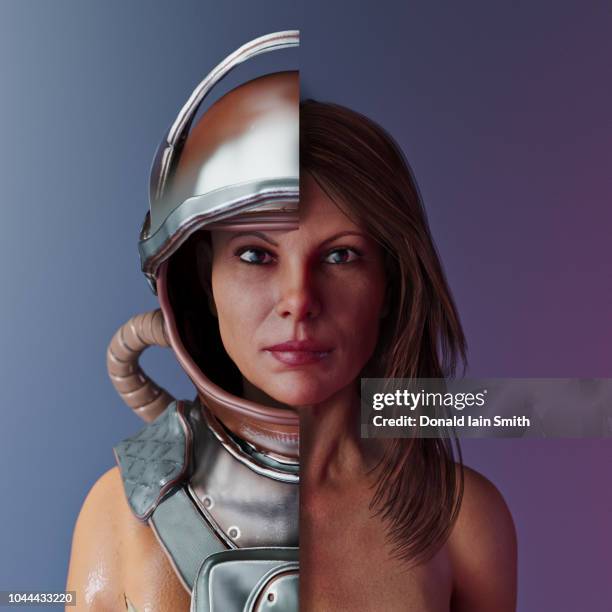 woman with cut away space suit - cut in half ストックフォトと画像