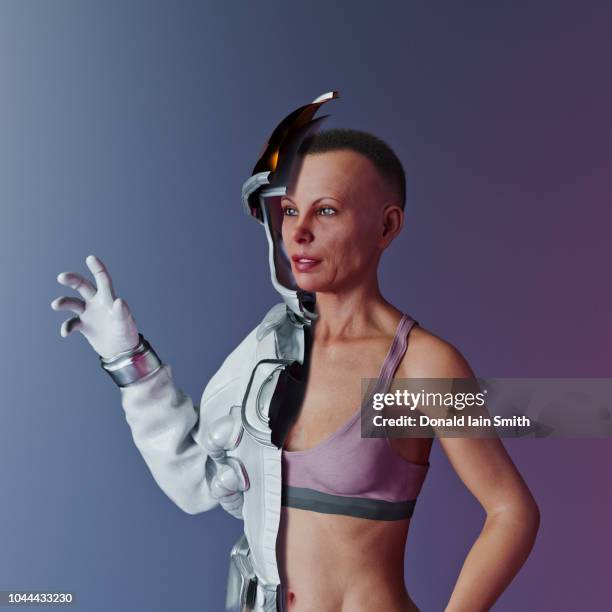 woman with cut away space suit - split screen ストックフォトと画像