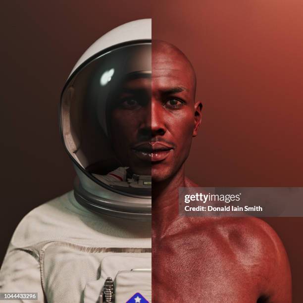 male with space suit cut away - split screen stock pictures, royalty-free photos & images