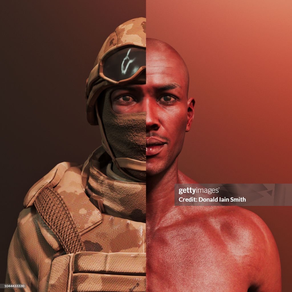 Man with combat fatigues and helmet cut away to reveal his human self