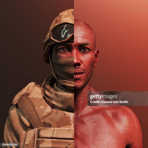 man with combat fatigues and helmet cut away to reveal his human self - halved stock-fotos und bilder