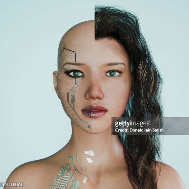 split screen: futuristic cyborg woman with implants  and shaved head and her normal human self with hair - split screen ストックフォトと画像