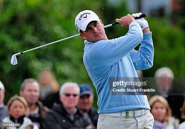 Francois Delamontagne of France plays his tee shot on the 10th hole during the third round of the Vivendi cup at Golf de Joyenval on September 25,...