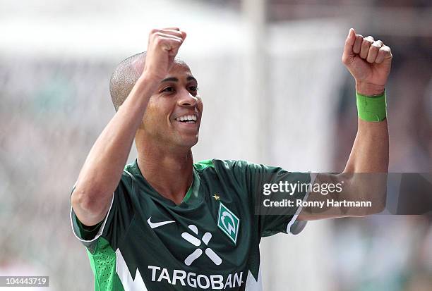 Wesley of Bremen celebrates his teams first goal during the Bundesliga match between SV Werder Bremen and Hamburger SV at Weser Stadium on September...