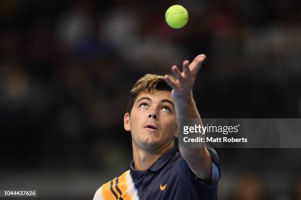 Taylor Fritz of USA serves in his match against Stan Wawrinka of Switzerland on day two of the Rakuten Open at Musashino Forest Sports Plaza on...