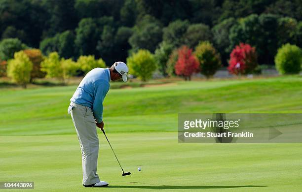 Francois Delamontagne of France putting on the 10th hole during the third round of the Vivendi cup at Golf de Joyenval on September 25, 2010 in...