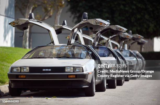 Row of DeLoreans sit outside the DeLorean Motor Company in Huntington Beach, CA on September 10, 2013. The cars were made from 1981-83 and were known...