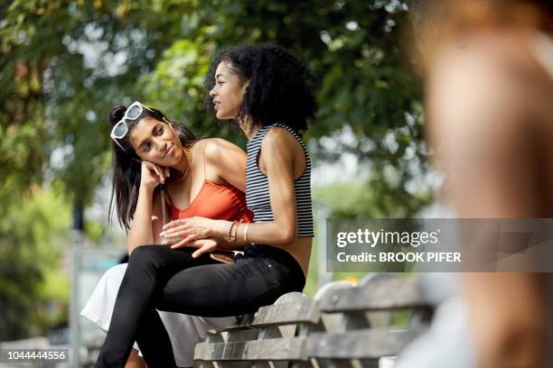 female friends sitting and talking on park bench - amigos no parque imagens e fotografias de stock