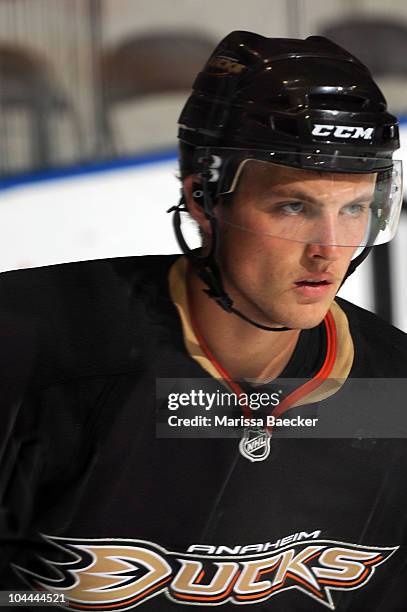 Cam Fowler of the Anaheim Ducks skates on the ice against the Calgary Flames during the Young Stars Tournament at the South Okanagan Event Centre on...