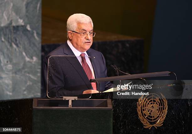 In this handout image supplied by the Office of the Palestinian President, President Mahmoud Abbas speaks during the United Nations General Assembly...