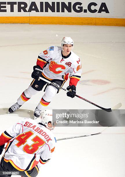 Mikael Backlund of the Calgary Flames skates on the ice against the Anaheim Ducks during the Young Stars Tournament at the South Okanagan Event...