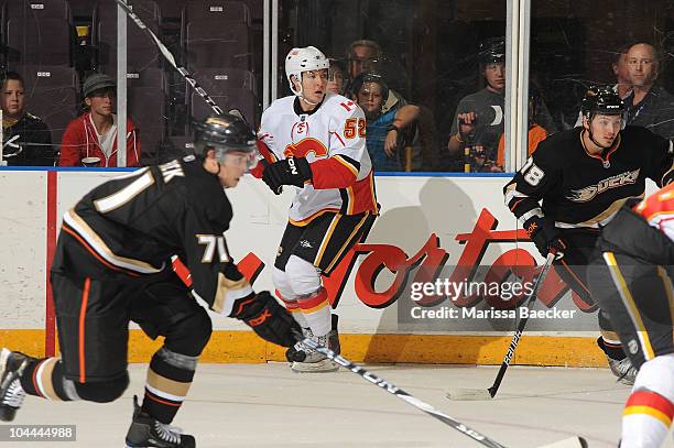 Mitch Wahl of the Calgary Flames skates on the ice against the Anaheim Ducks during the Young Stars Tournament at the South Okanagan Event Centre on...