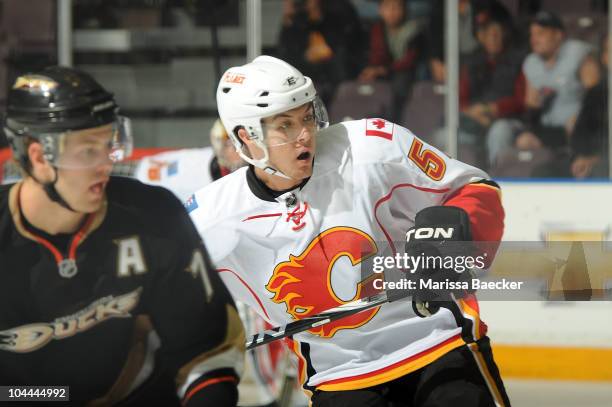 Mitch Wahl of the Calgary Flames skates on the ice against the Anaheim Ducks during the Young Stars Tournament at the South Okanagan Event Centre on...