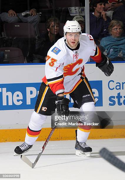 Ryley Grantham of the Calgary Flames skates on the ice against the Anaheim Ducks during the Young Stars Tournament at the South Okanagan Event Centre...