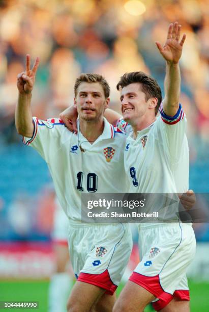Zvonimir Boban and goalscorer Davor Suker celebrate their second goal in a 3-0 win against Denmark at Hillsbrough in the 1996 UEFA European...