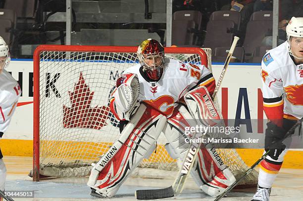 Matt Keetley of the Calgary Flames defends the net against the Anaheim Ducks during the Young Stars Tournament at the South Okanagan Event Centre on...