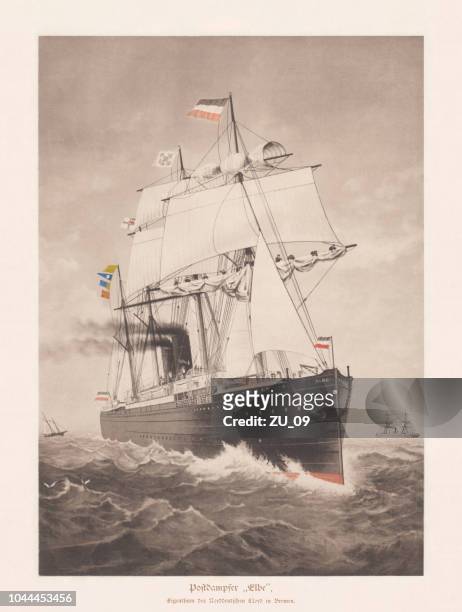 deutsche post-dampfer "elbe", erbaut 1881, lichtdruck, veröffentlicht im jahre 1885 - ozeandampfer stock-grafiken, -clipart, -cartoons und -symbole