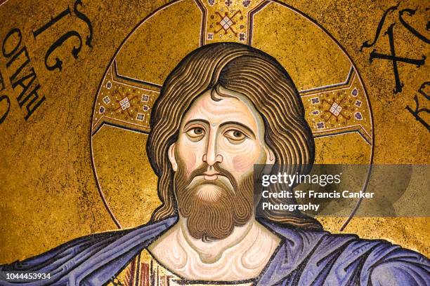 close-up of monreale cathedral with prominent christ pantocrator mosaic in the apse at palermo, sicily, italy - religious saint stock pictures, royalty-free photos & images