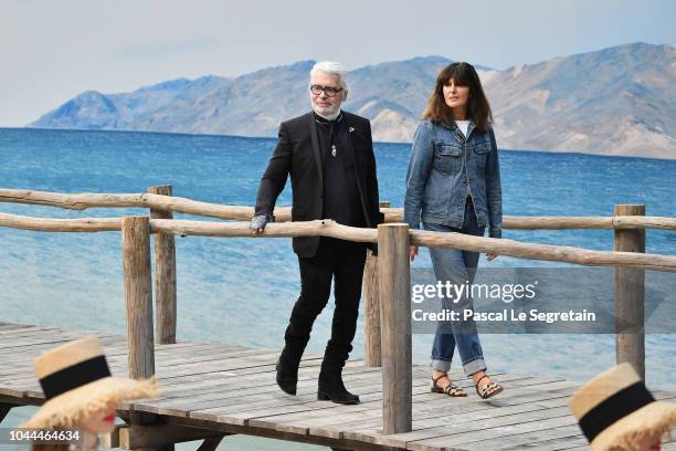 Karl Lagerfeld and Virginie Viard walk the runway during the Chanel show as part of the Paris Fashion Week Womenswear Spring/Summer 2019 on October...