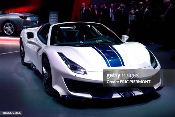 The Ferrari 488 Pista Spider is on display during the press days of the Paris Motor Show on October 2, 2018.
