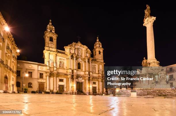 baroque facade of san domenico church and convent illuminated at night in palermo, sicily, italy - barocco foto e immagini stock