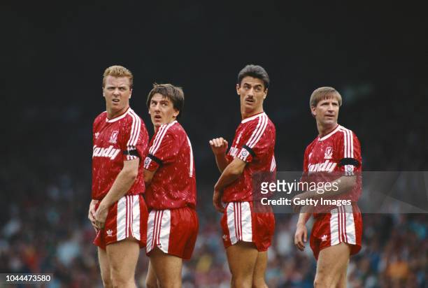 Liverpool defensive wall reacts from left to right Steve Nicol; Peter Beardsley; Ian Rush; Ronnie Whelan during the First Division match between...