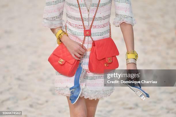 Model,bag detail, walks the runway during the Chanel show as part of the Paris Fashion Week Womenswear Spring/Summer 2019 on October 2, 2018 in...