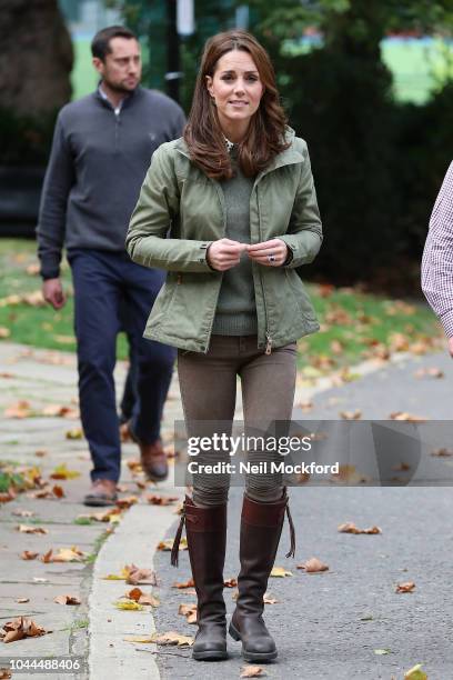 Catherine, Duchess of Cambridge during a visit to Sayers Croft Forest School and Wildlife Garden on October 2, 2018 in London, England. Sayers Croft...