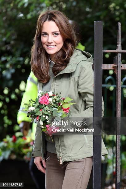 Catherine, Duchess of Cambridge leaving a visit to Sayers Croft Forest School and Wildlife Garden on October 2, 2018 in London, England. Sayers Croft...