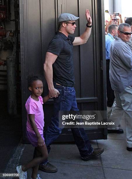 Brad Pitt and Zahara Jolie-Pitt are seen shopping at American Girl on September 25, 2010 in Los Angeles, California.