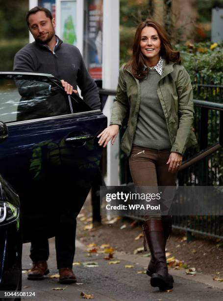 Catherine, Duchess of Cambridge arrives for a visit to Sayers Croft Forest School and Wildlife Garden on October 2, 2018 in London, England. Sayers...