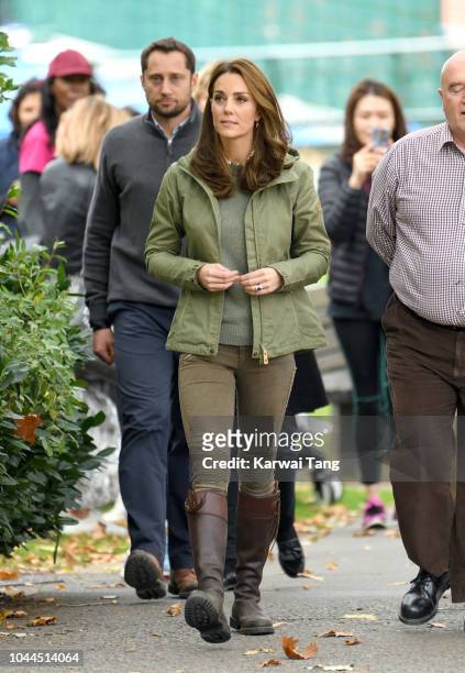 Catherine, Duchess Of Cambridge visits Sayers Croft Forest School and Wildlife Garden on October 2, 2018 in London, England. Sayers Croft is an...