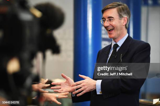 Conservative MP Jacob Rees-Mogg is interviewed by the media during day three of the Conservative Party Conference on October 2, 2018 in Birmingham,...