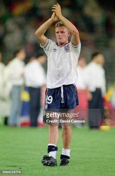 England player Paul Gascoigne applauds the fans after the 1990 FIFA World Cup semi final between England and West Germany at the Stadio Delle Alpi on...