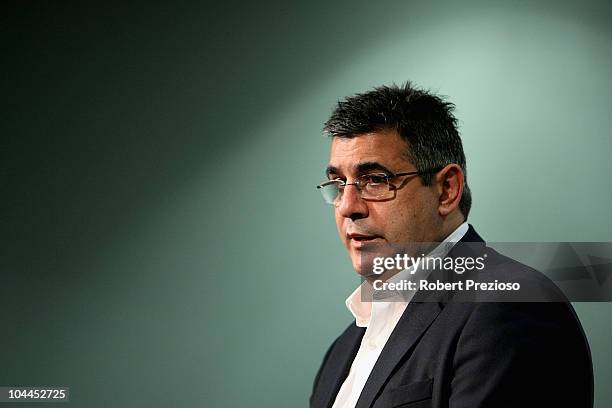 Australian Football League CEO Andrew Demetriou speaks to the media during a AFL media announcement at AFL House on September 26, 2010 in Melbourne,...