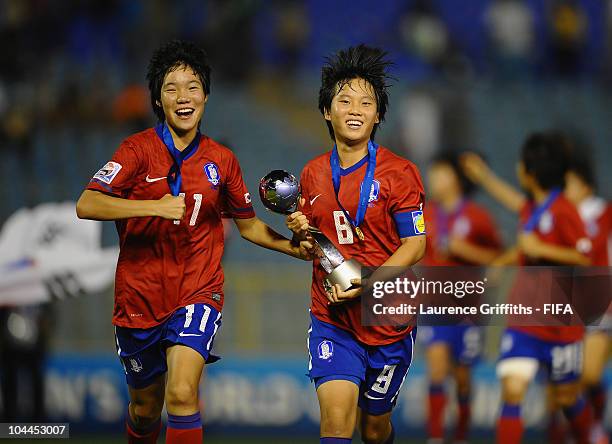 Kim Areum and Lee Geum Min of South Korea celebrate with the trophy after victory over Japan during the FIFA U17 Women's World Cup Final between...