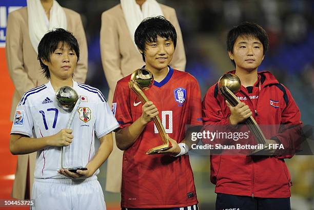 Golden Ball winners Kumi Yokoyama of Japan , Yeo Min Ji of South Korea and Kim Kum Jong with their trophies during the ceremony of the FIFA U17...