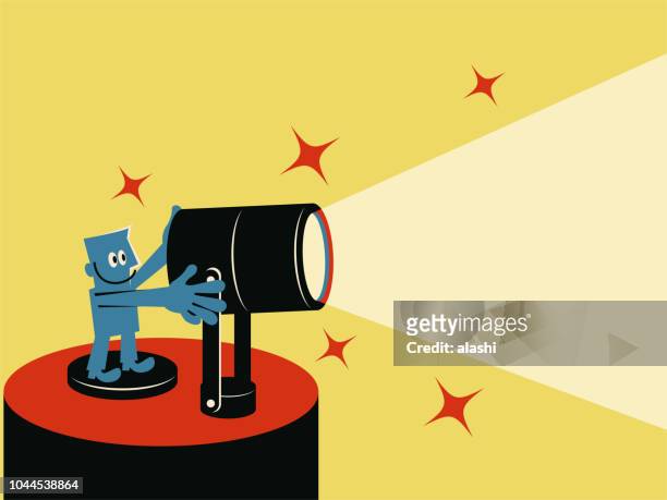 ilustrações, clipart, desenhos animados e ícones de homem azul com holofotes a sorrir - iluminado por holofote