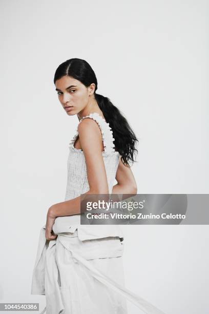 Model prepares backstage before the Beautiful People show as part of the Paris Fashion Week Womenswear Spring/Summer 2019 on October 2, 2018 in...
