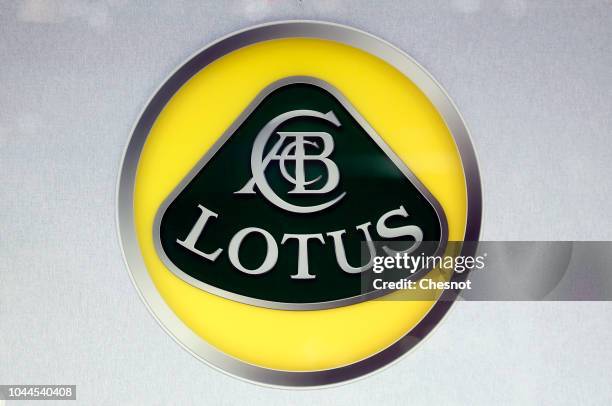 The logo of car manufacturer Lotus is on display during the first press day of the Paris Motor Show at the Parc des Expositions at the Porte de...