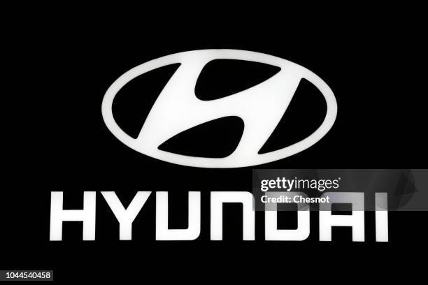 The logo of the Korean car manufacturer Hyundai is on display during the first press day of the Paris Motor Show at the Parc des Expositions at the...