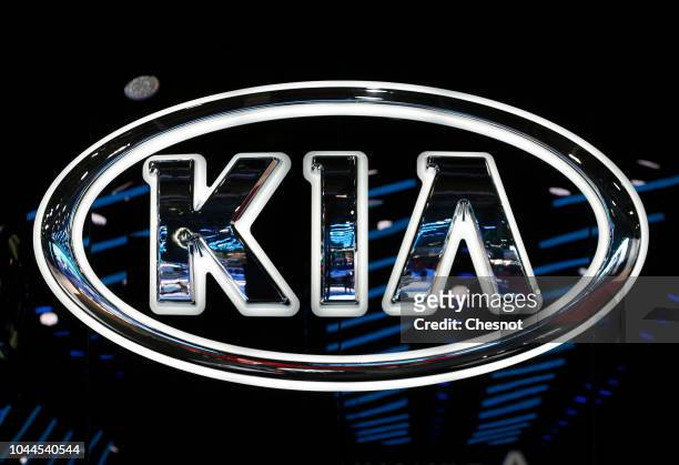 The logo of the Korean car manufacturer KIA is on display during the first press day of the Paris Motor Show at the Parc des Expositions at the Porte...