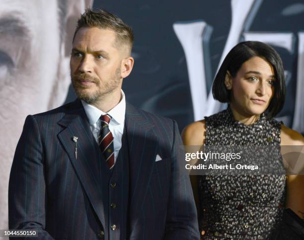 Actor Tom Hardy and actress Jenny Slate arrive for Premiere Of Columbia Pictures' "Venom" held at Regency Village Theatre on October 1, 2018 in...