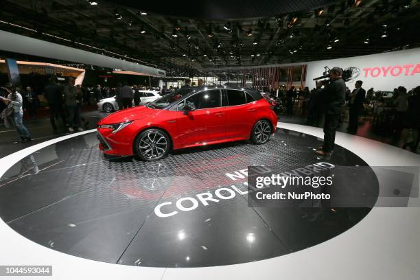 Toyota Corolla Hybrid model car is seen in during the first press day of the Paris Motor Show at Paris Expo Porte de Versailles on October 02, 2018...