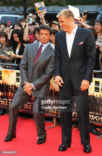 Actors Sylvester Stallone and Dolph Lundgren arrive at the premier of 'The Expendables' at Shibuya AX on September 26, 2010 in Tokyo, Japan. The film...