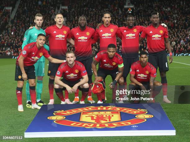 The Manchester United team line up ahead of the Group H match of the UEFA Champions League between Manchester United and Valencia at Old Trafford on...