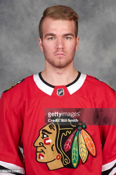 Alexis Gravel of the Chicago Blackhawks poses for his official headshot for the 2018-2019 season on September 14, 2018 at the United Center in...